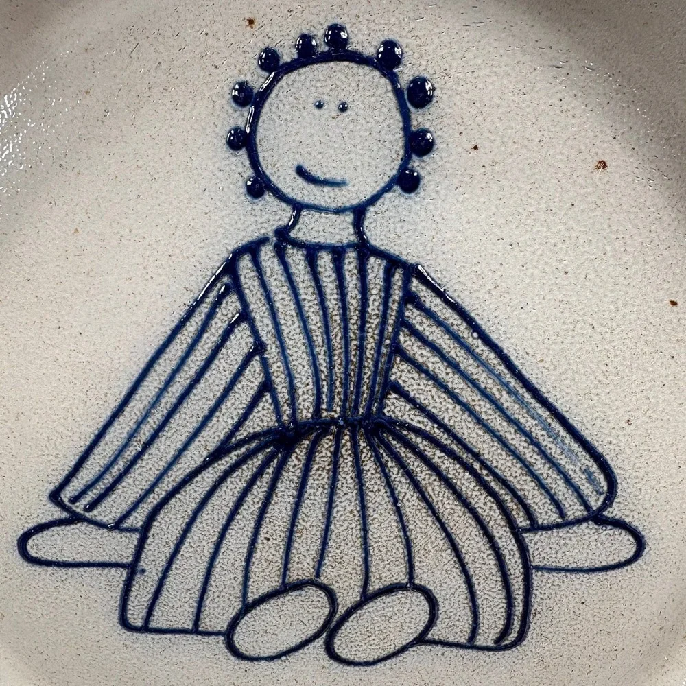 Eldreth Pottery Cobalt Blue Folk Art Rag Dog Pie Plate‎ 11 in. Signed 1980's